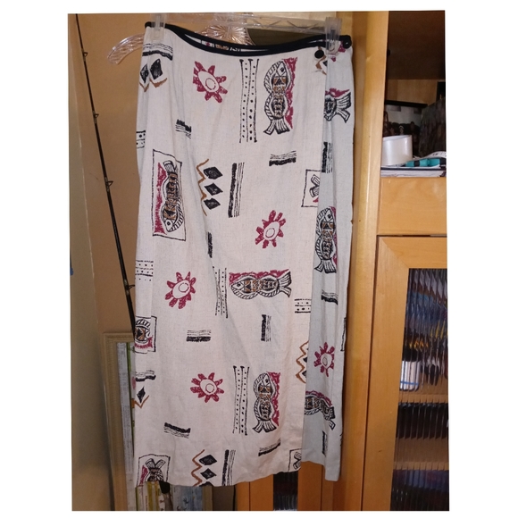 Linen Flax Blend RED n BLACK Long Wrap Skirt Sarong Size 14 Aztec Tribal Print● - Picture 6 of 12